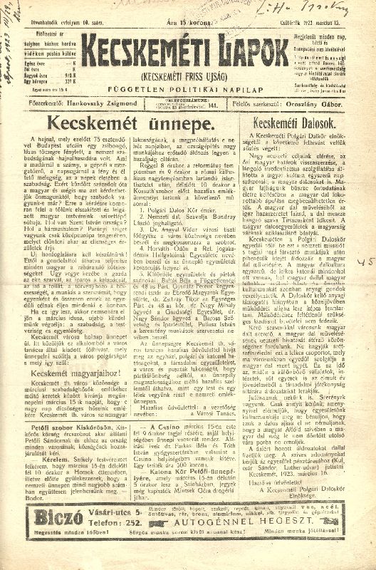 Kecskeméti Lapok, 1923. március 15.